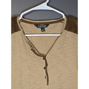 Ralph Lauren Women Large Henley Top Sueded Shoulders & Trim roll tab sleeve